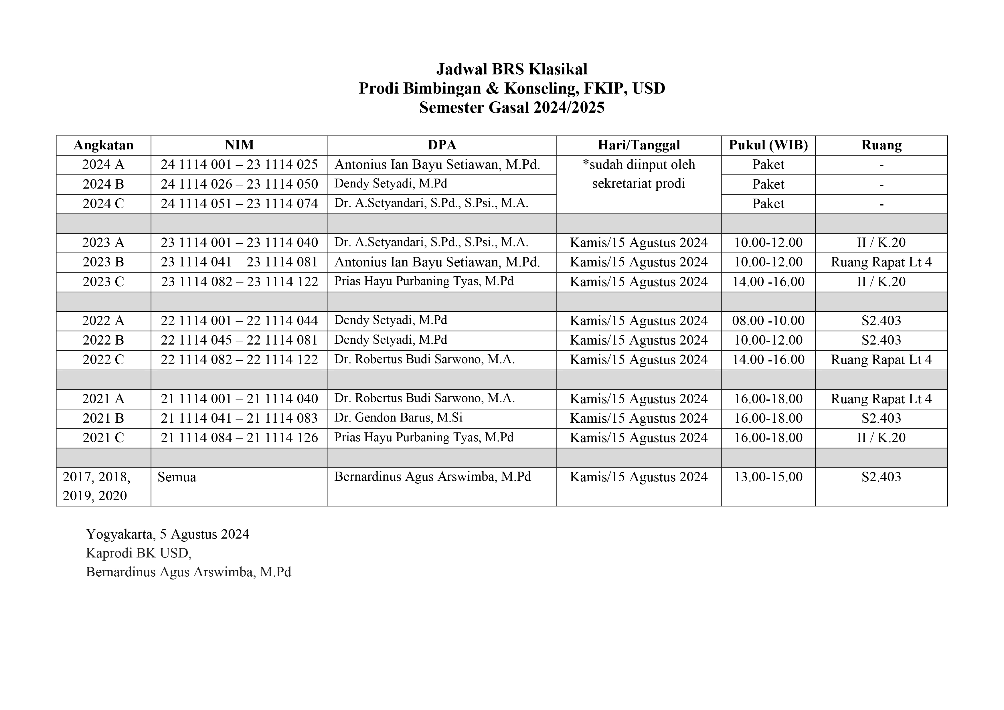 Jadwal BRS Klasikal Prodi BK USD Sem Gasal 2024-2025-01